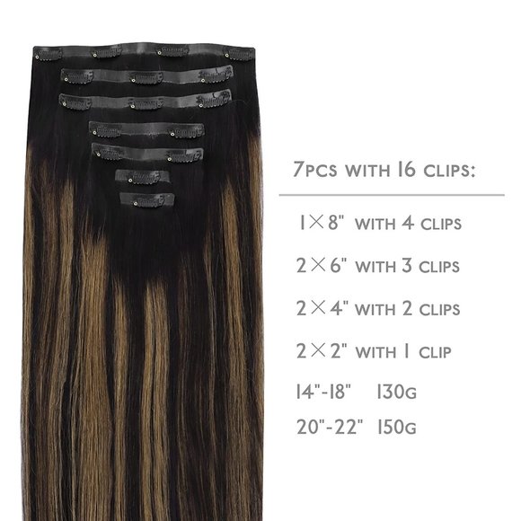 14" 100% Human Hair Clip In Extensions 7pcs 130g #1B/6/1B - Picture 2 of 7